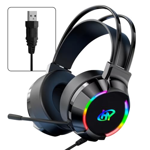 HY 7.1 USB Gaming Wired Over Ear Headphones with Surround Sound, Active Noise-Cancellation, 50MM Driver, RGB Gaming Headphone for Computer, Laptop