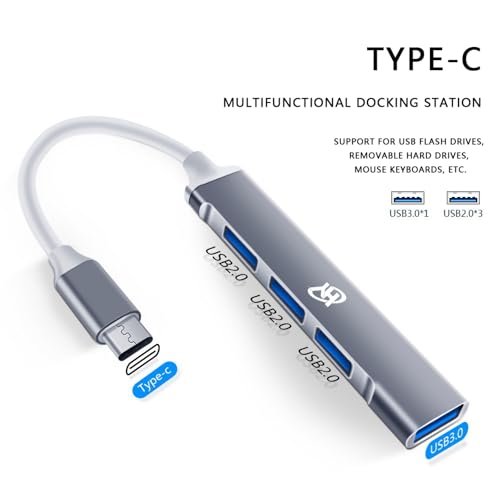 HY C-Type Aluminum USB Hub (4-in-1), Type C Multiport Adapter with 1 x USB 3.0 & 3 x USB 2.0 Ports, up to 5 Gbps High Speed Data Transfer for Laptop, MacBook, PC (Sliver)