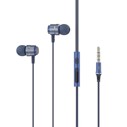 HY 3.5 mm Wired in Ear Headphones, Metalic Stereo Sound Chamber Earphone, Noise Reduction, Volume Control, Waterproof, Multi-Functional Controller Wired Earphones with Mic (Blue)