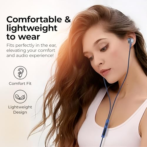 HY 3.5 mm Wired in Ear Headphones, Metalic Stereo Sound Chamber Earphone, Noise Reduction, Volume Control, Waterproof, Multi-Functional Controller Wired Earphones with Mic (Blue)