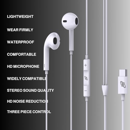 HY Wired Type C Earphones in Ear Earphones with in-line Mic, 14mm Driver, Call Function, Powerful Bass, Comfortable Wired Earphones, Multi-Functional Controller (White)